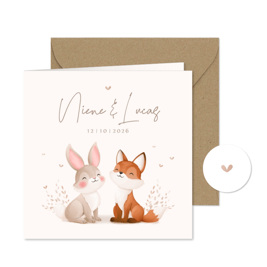 Lief geboortekaartje tweeling illustratie vosje en konijntje - Kaartimpressie