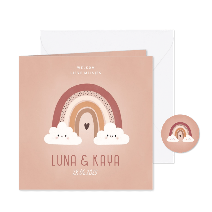 Lief geboortekaartje tweeling met regenboogje en wolkjes - Kaartimpressie