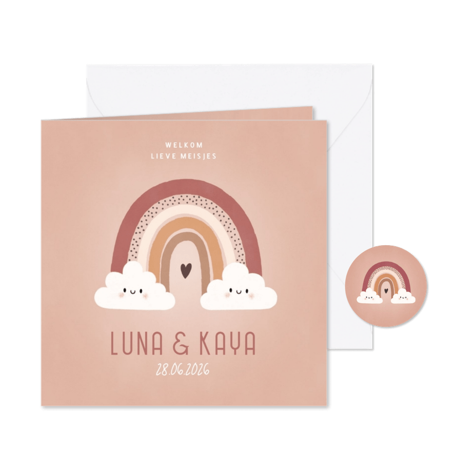 Lief geboortekaartje tweeling met regenboogje en wolkjes - Kaartimpressie