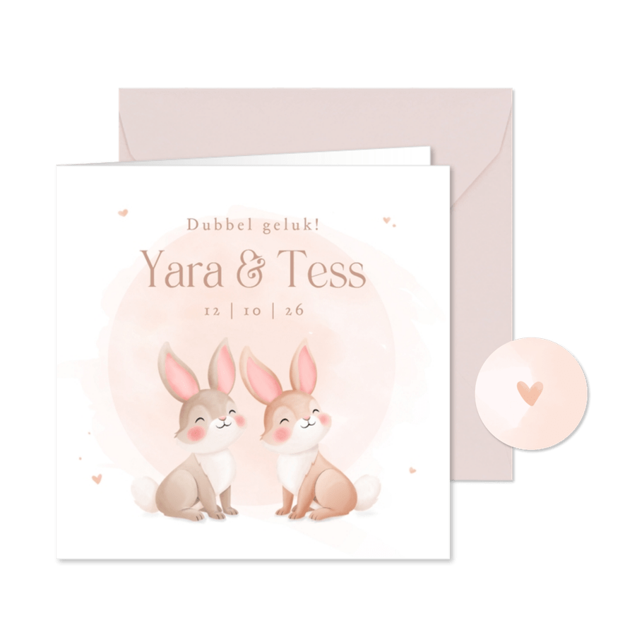Lief geboortekaartje tweeling pastel illustratie konijntjes - Kaartimpressie