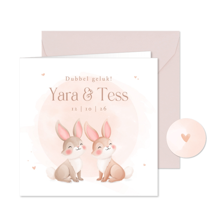 Lief geboortekaartje tweeling pastel illustratie konijntjes - Kaartimpressie