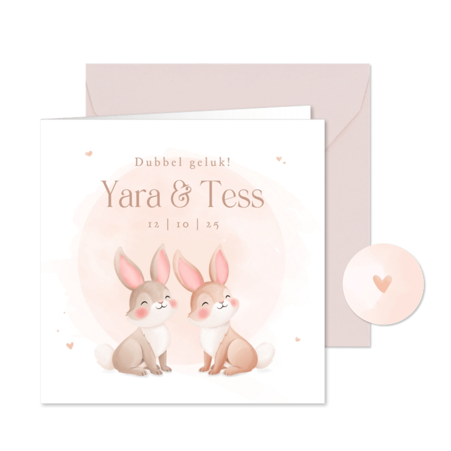 Lief geboortekaartje tweeling pastel illustratie konijntjes - Kaartimpressie