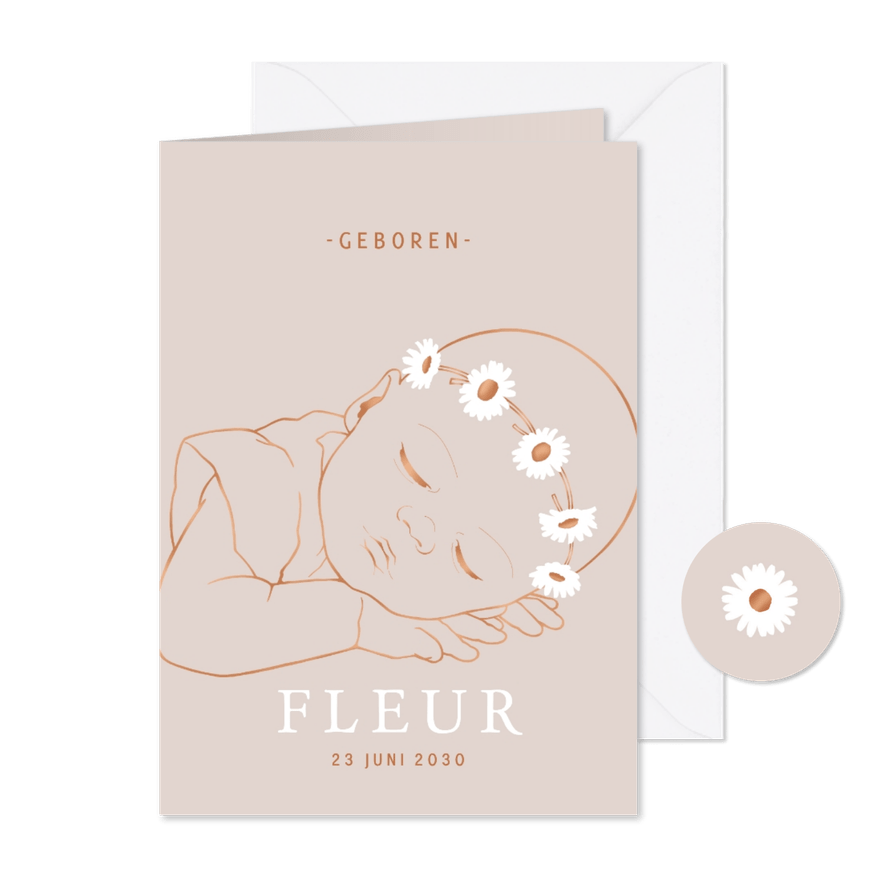 Lief geboortekaartje van slapend meisje met madeliefjeskrans - Kaartimpressie
