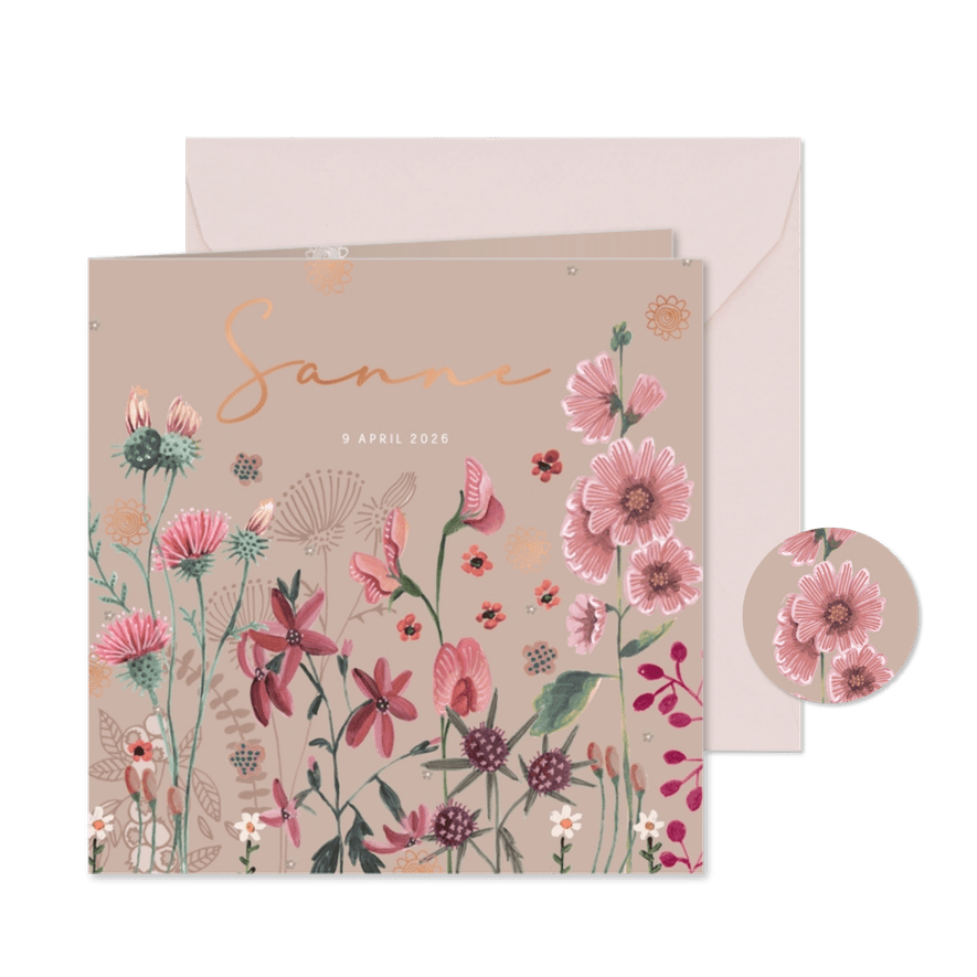 Lief geboortekaartje veldbloemen in aardetinten - Kaartimpressie