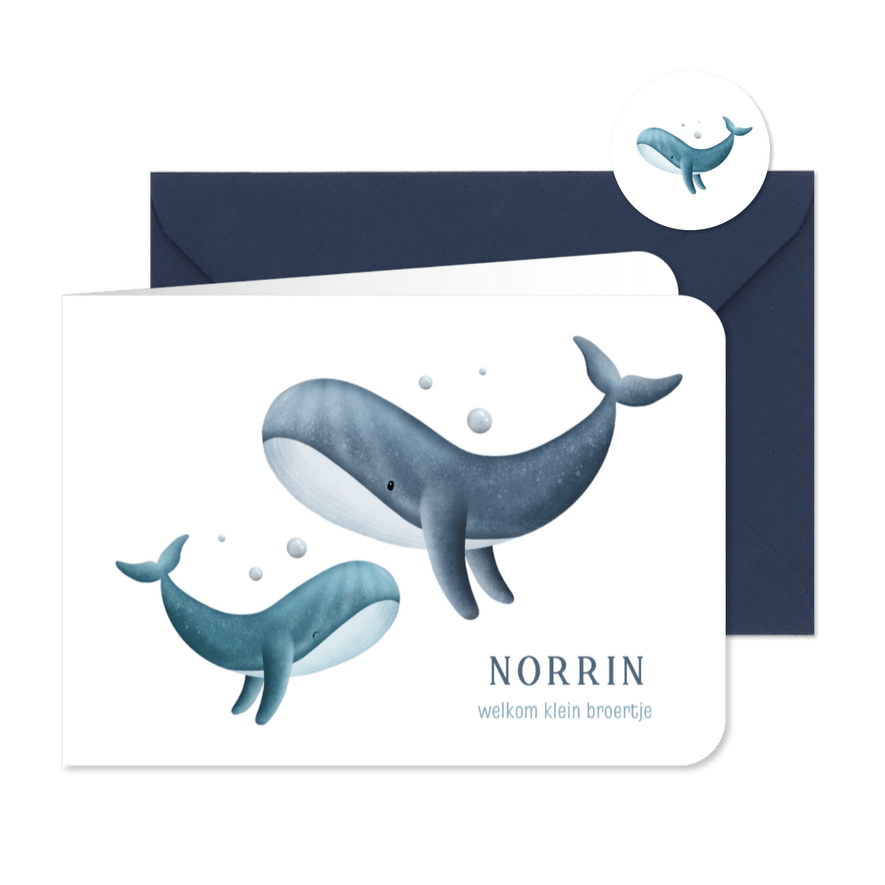 Lief geboortekaartje voor broertje twee walvissen - Kaartimpressie