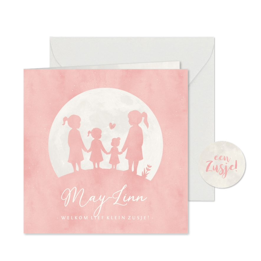 Lief geboortekaartje voor een 4e zusje met silhouetjes - Kaartimpressie