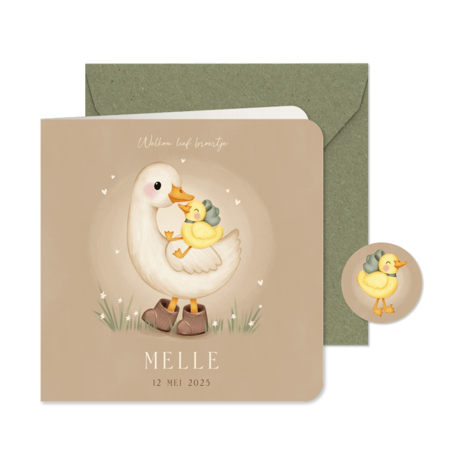 Lief geboortekaartje voor een broertje ganzen in het gras - Kaartimpressie
