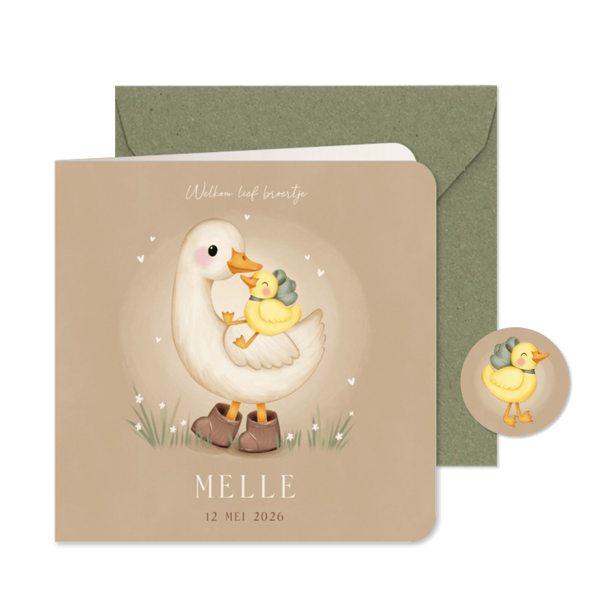Lief geboortekaartje voor een broertje ganzen in het gras - Kaartimpressie