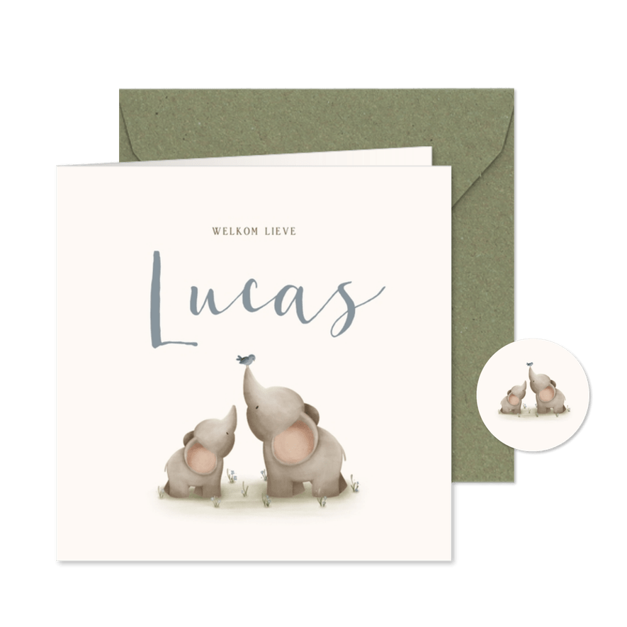 Lief geboortekaartje voor een jongen met twee olifantjes - Kaartimpressie