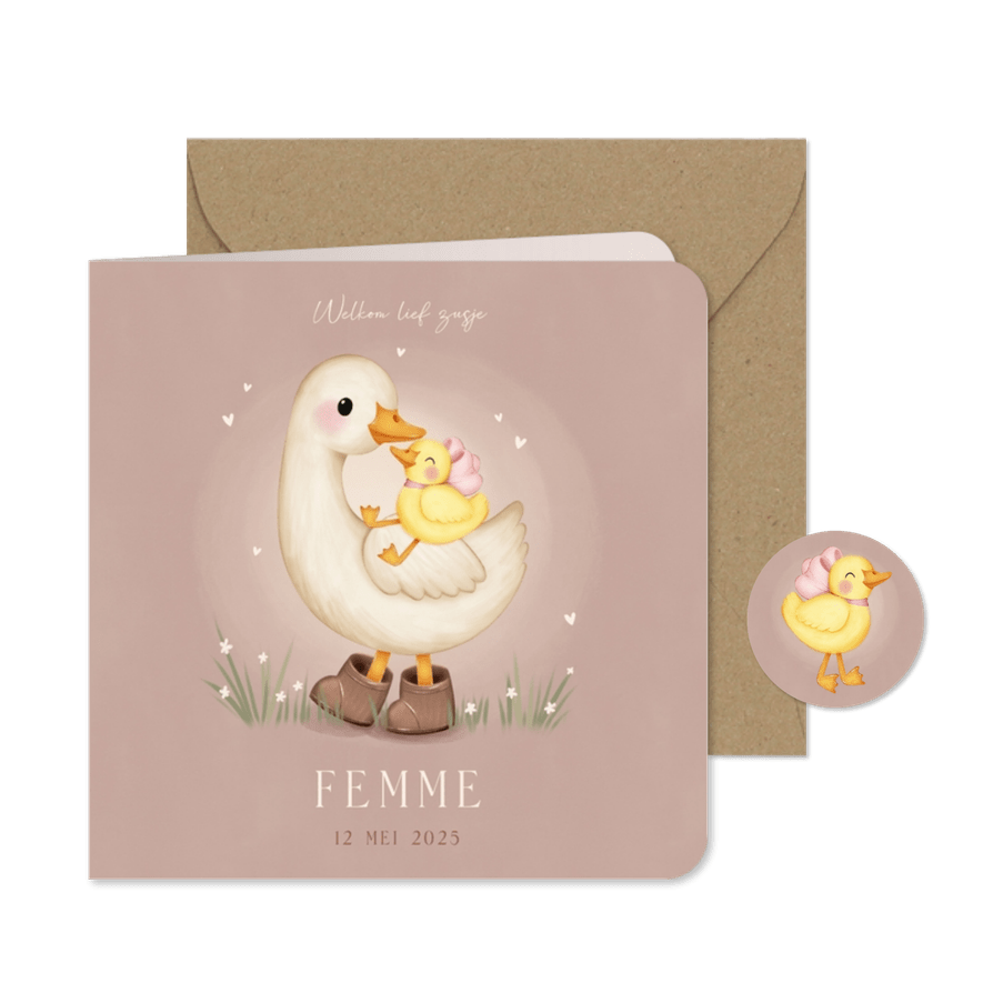 Lief geboortekaartje voor een zusje ganzen in het gras - Kaartimpressie