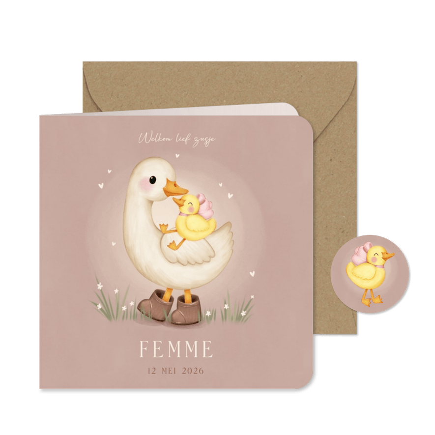 Lief geboortekaartje voor een zusje ganzen in het gras - Kaartimpressie