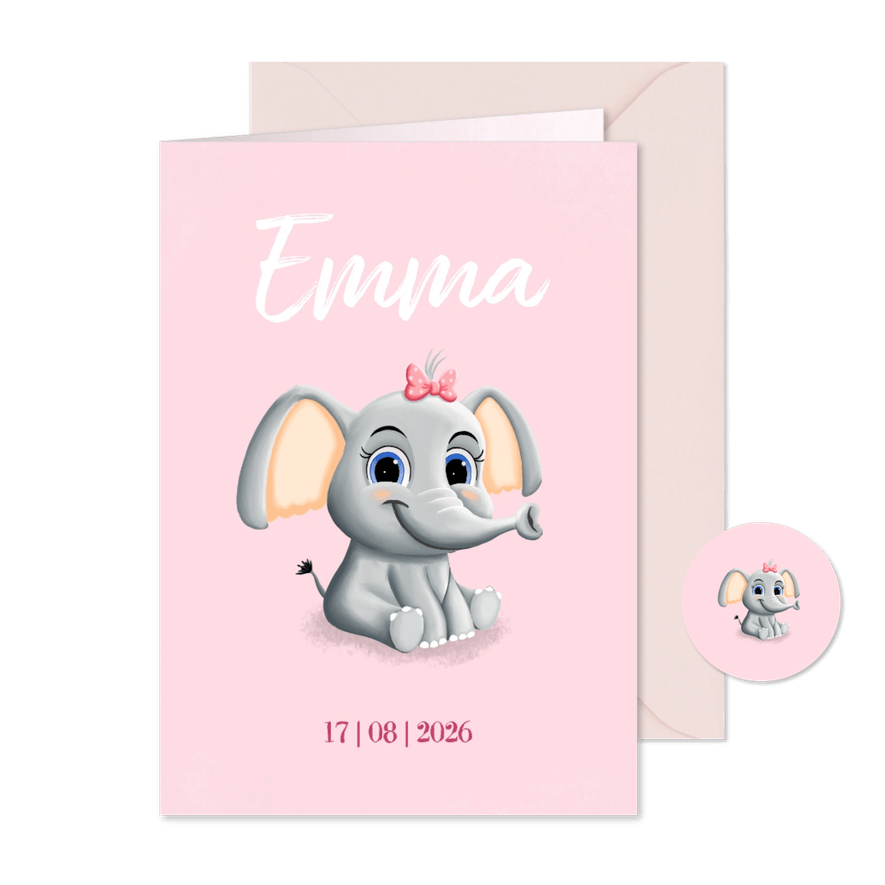 Lief geboortekaartje voor meisje met schattig olifantje - Kaartimpressie