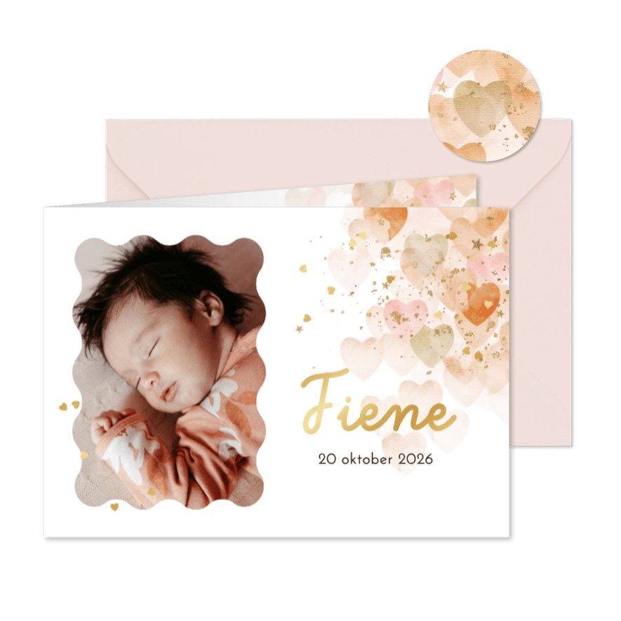 Lief geboortekaartje watercolor hartjes foto confetti goud - Kaartimpressie