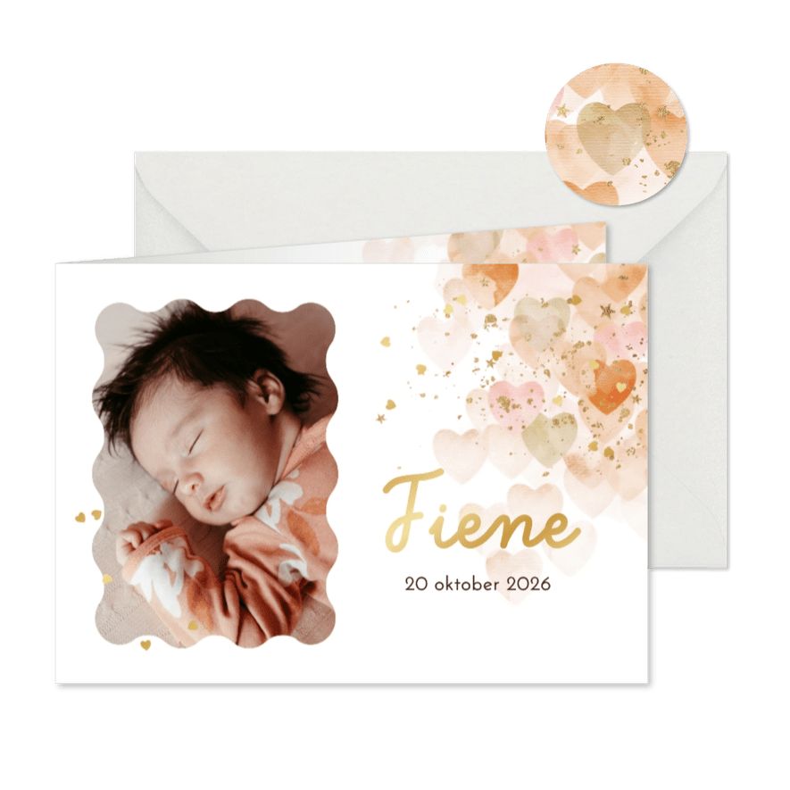Lief geboortekaartje watercolor hartjes foto confetti goud - Kaartimpressie