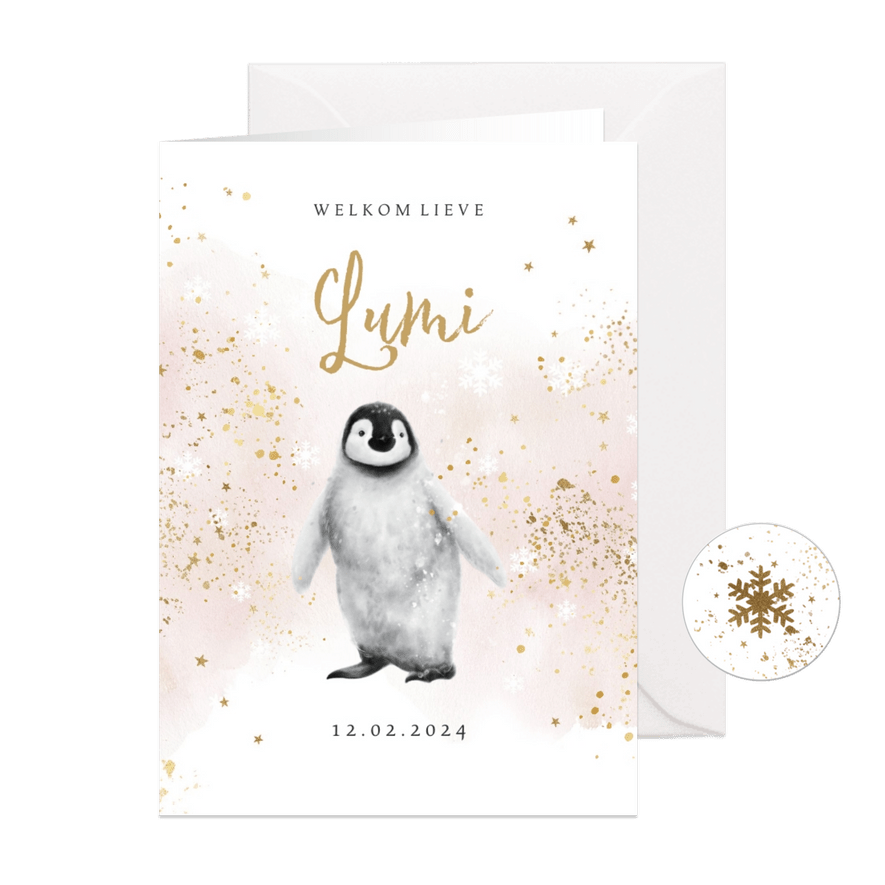 Lief geboortekaartje watercolor pinguïn goud sterren - Kaartimpressie