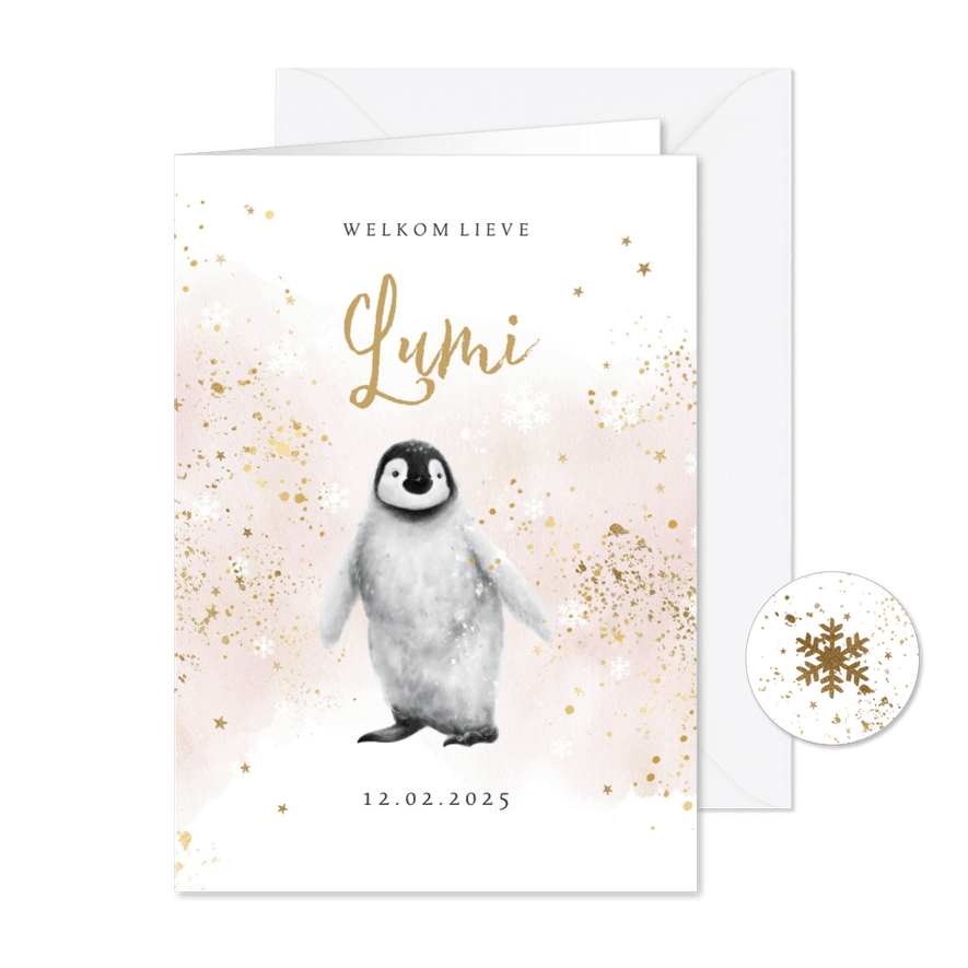 Lief geboortekaartje watercolor pinguïn goud sterren - Kaartimpressie