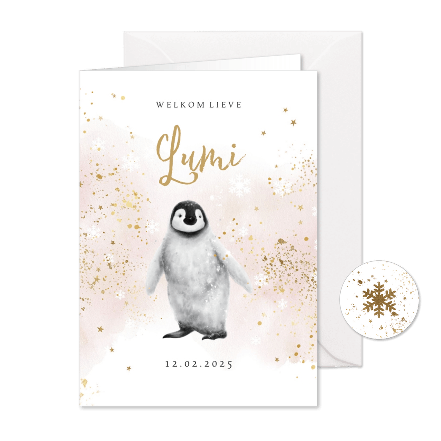 Lief geboortekaartje watercolor pinguïn goud sterren - Kaartimpressie