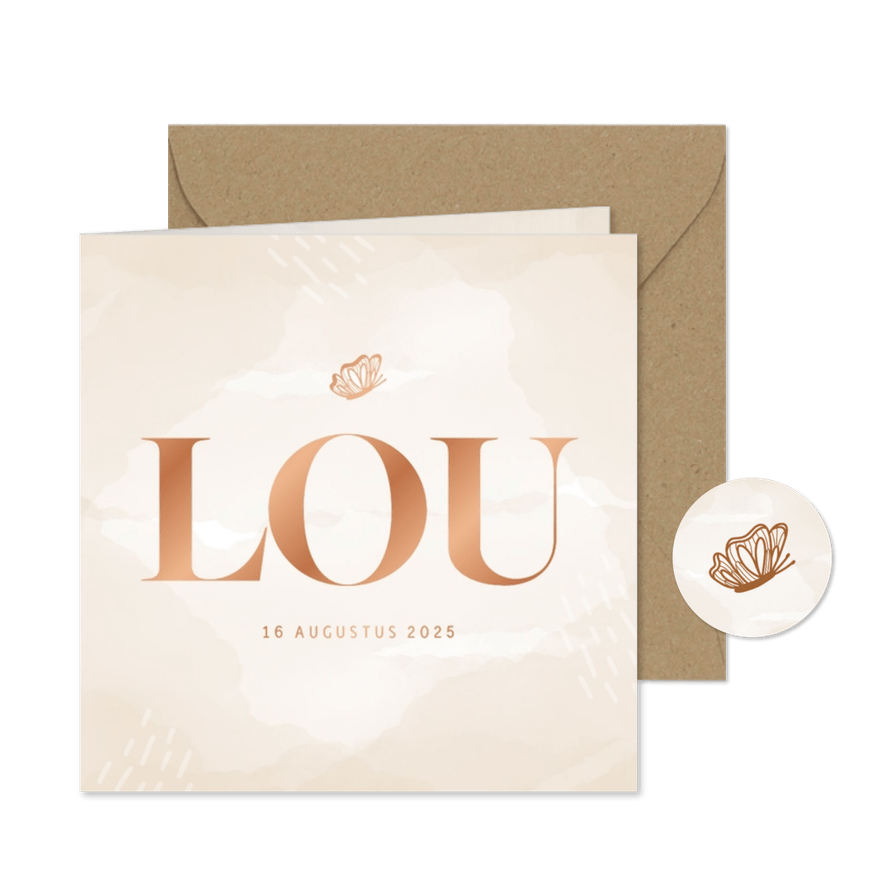 Lief geboortekaartje waterverf met koperfolie en vlinder - Kaartimpressie