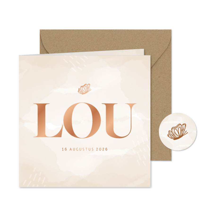 Lief geboortekaartje waterverf met koperfolie en vlinder - Kaartimpressie