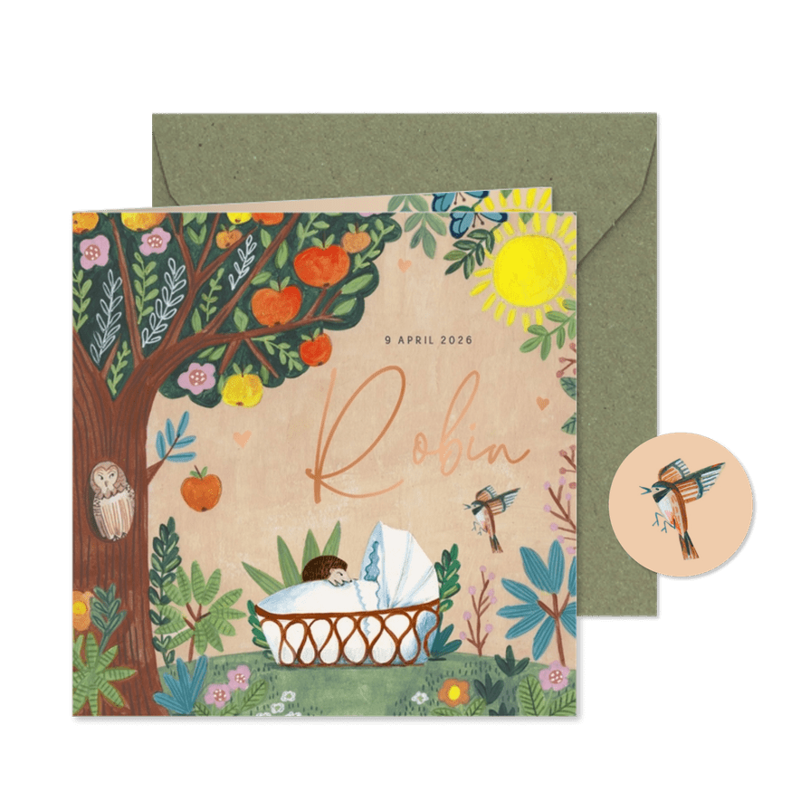 Lief geboortekaartje wiegje onder de appelboom - Kaartimpressie