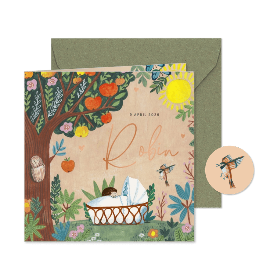 Lief geboortekaartje wiegje onder de appelboom - Kaartimpressie