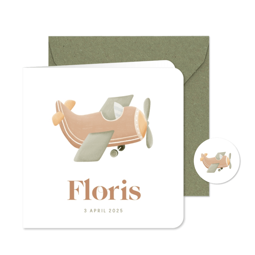 Lief geboortekaartje wit met illustratie vliegtuigje - Kaartimpressie