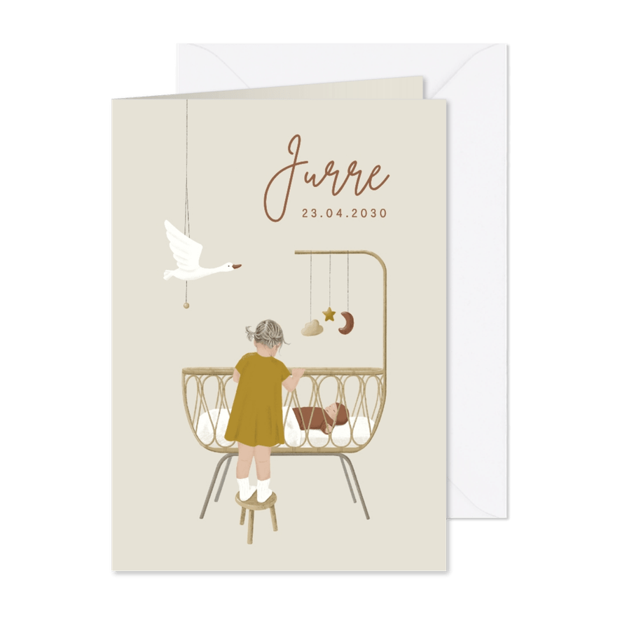 Lief geboortekaartje zus bij wiegje met baby - Kaartimpressie