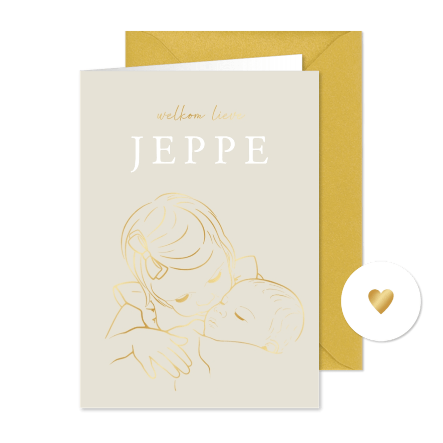 Lief geboortekaartje zus knuffelt baby – goudfolie - Kaartimpressie