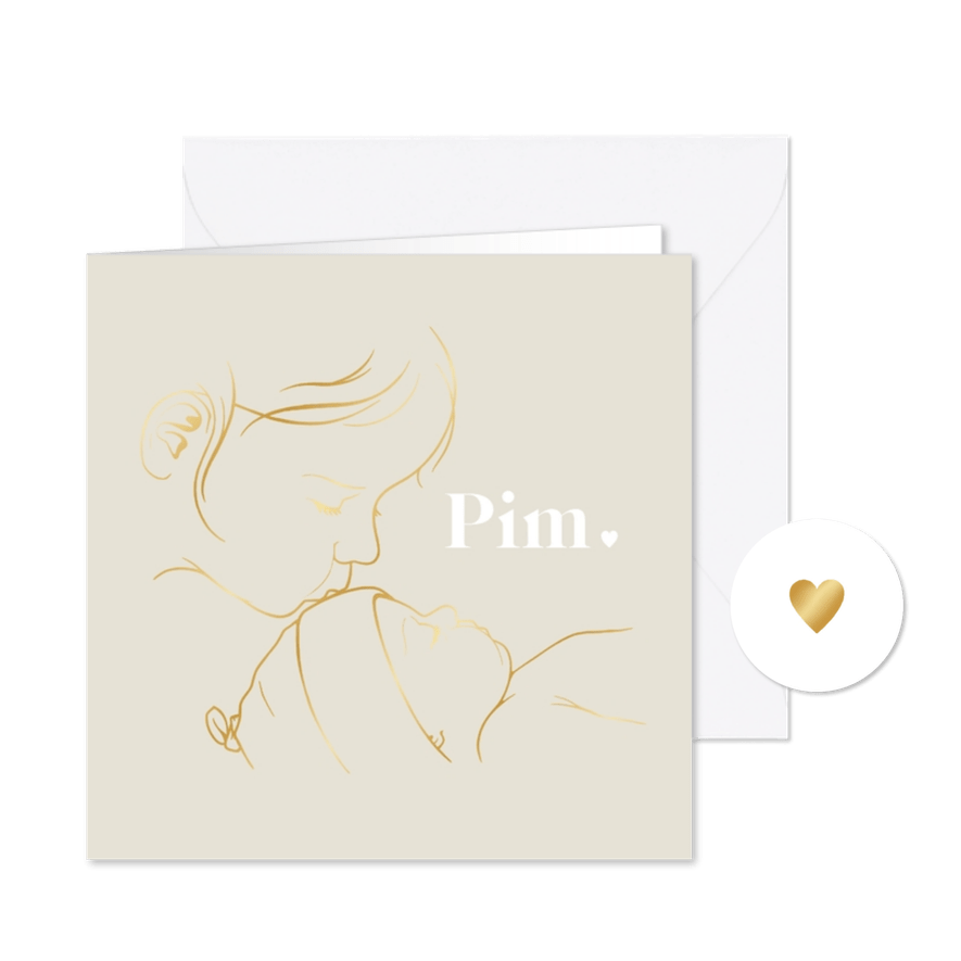 Lief geboortekaartje zus kust baby vierkant in goudfolie - Kaartimpressie