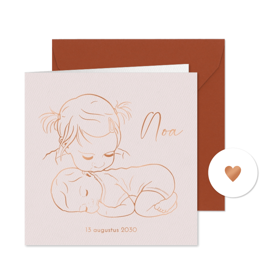 Lief geboortekaartje zus kust liggend baby’tje – koperfolie - Kaartimpressie