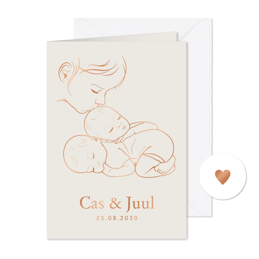 Lief geboortekaartje zus kust tweeling - koperfolie - Kaartimpressie