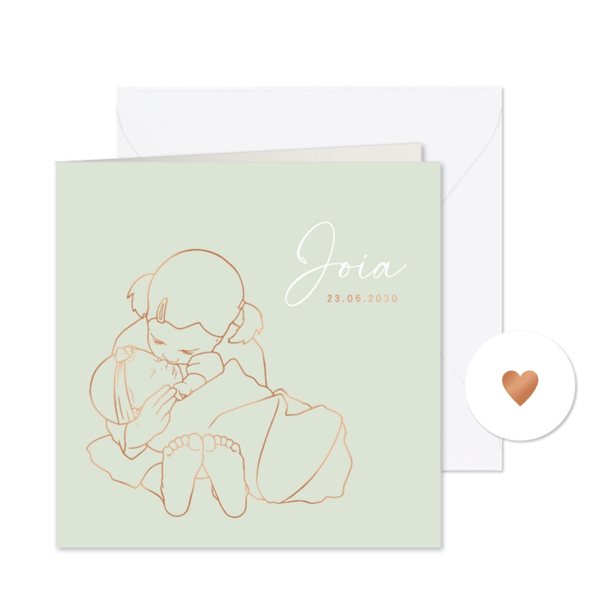 Lief geboortekaartje zus kust zusje – koperfolie - Kaartimpressie