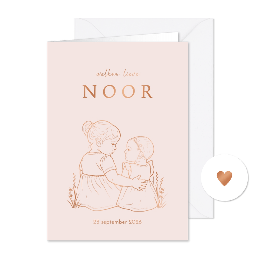 Lief geboortekaartje zus met arm om zusje – koperfolie - Kaartimpressie