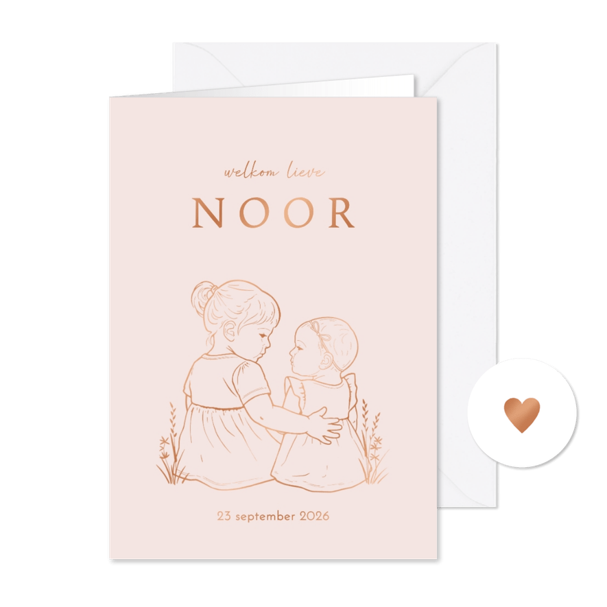 Lief geboortekaartje zus met arm om zusje – koperfolie - Kaartimpressie