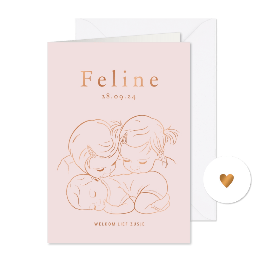 Lief geboortekaartje zussen met slapende baby koperfolie - Kaartimpressie