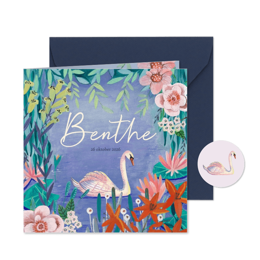 Lief geboortekaartje zwaan met bloemen - Kaartimpressie