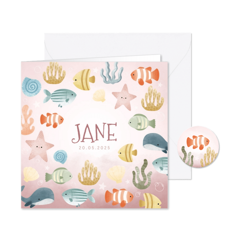 Lief geboortekaartjes met visjes, plantjes, belletjes oceaan - Kaartimpressie