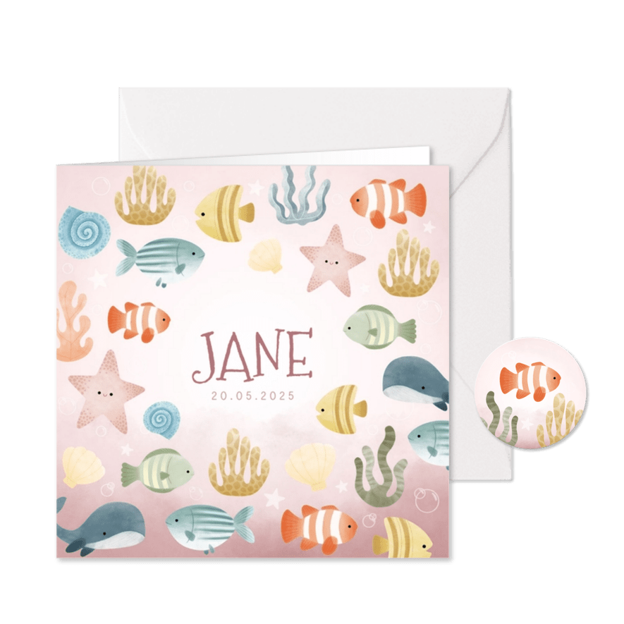 Lief geboortekaartjes met visjes, plantjes, belletjes oceaan - Kaartimpressie