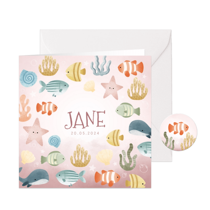 Lief geboortekaartjes met visjes, plantjes, belletjes oceaan - Kaartimpressie