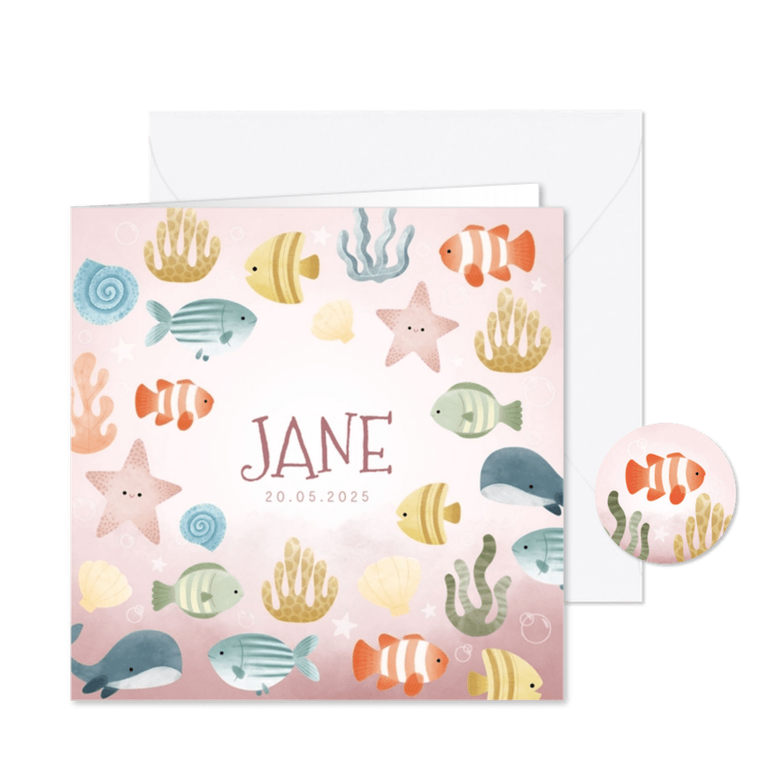 Lief geboortekaartjes met visjes, plantjes, belletjes oceaan - Kaartimpressie