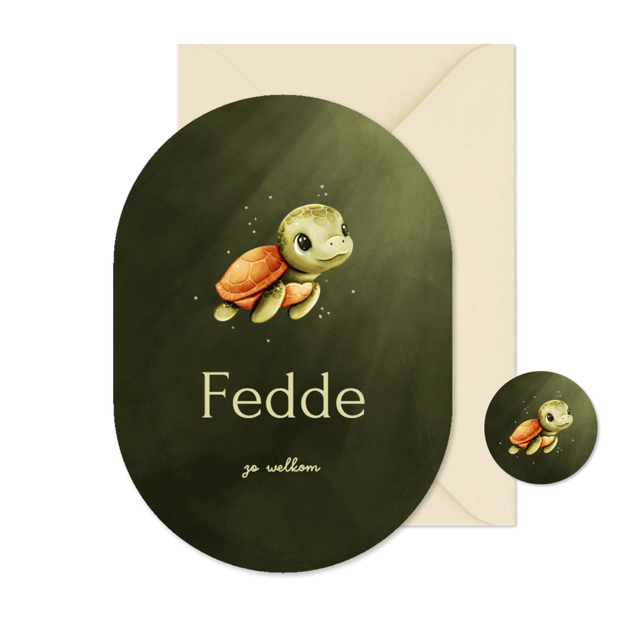 Lief groen ovaal geboortekaartje met een schildpadje - Kaartimpressie