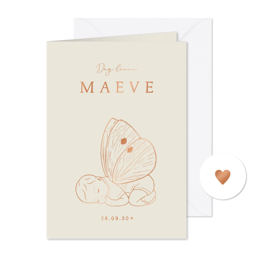 Lief herinneringskaartje baby met vlindervleugels koperfolie - Kaartimpressie