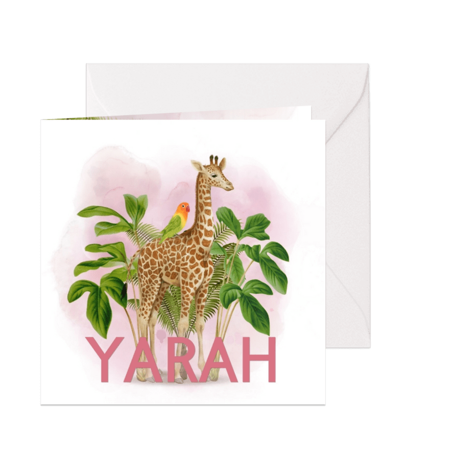 Lief jungle geboortekaartje giraffe met vogeltje - Kaartimpressie