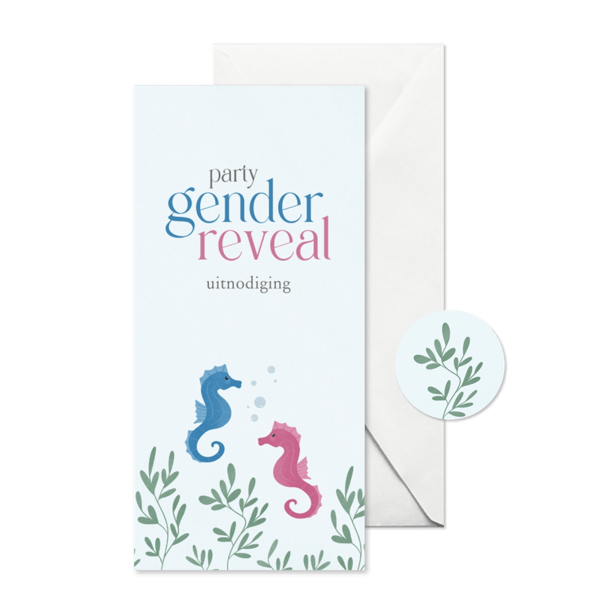 Lief kaartje voor een gender reveal party met zeepaardjes - Kaartimpressie