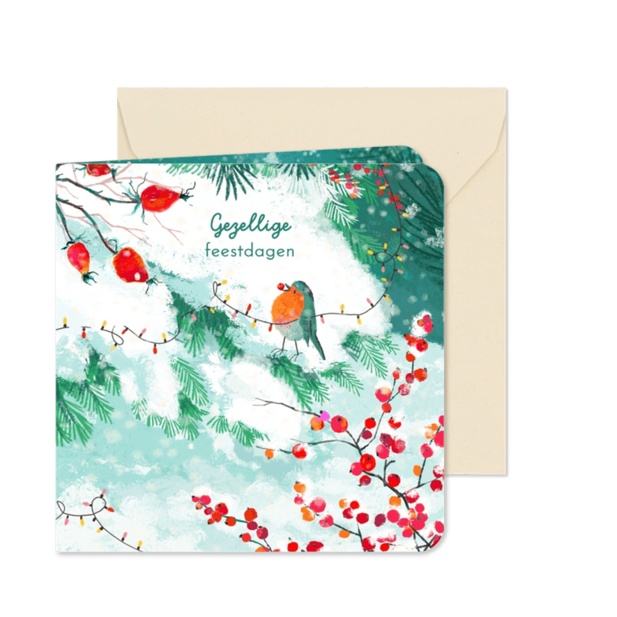 Lief kerstkaart met roodborst en kerstlampjes - Kaartimpressie