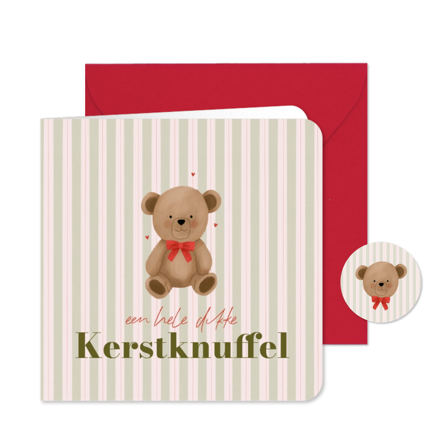 Lief kerstkaartje beer met strik strepen kerstknuffel - Kaartimpressie