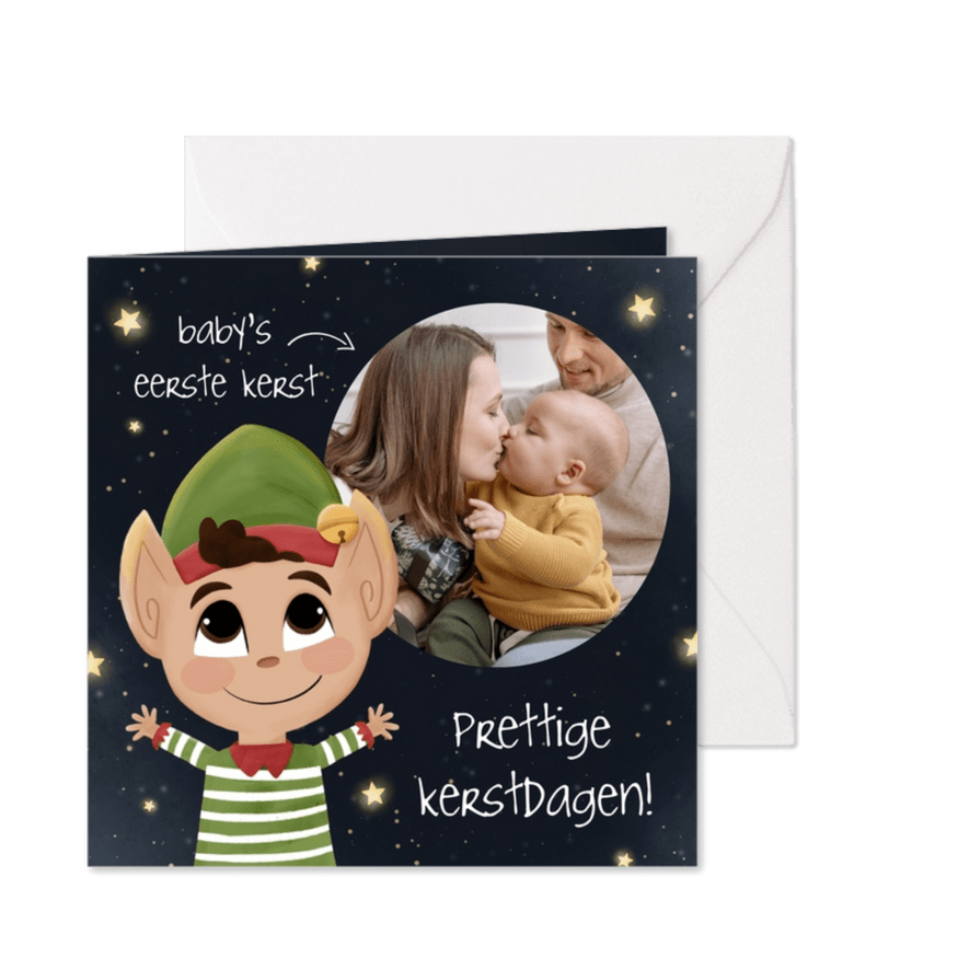 Lief kerstkaartje illustratie kerstelf baby's eerste kerst - Kaartimpressie