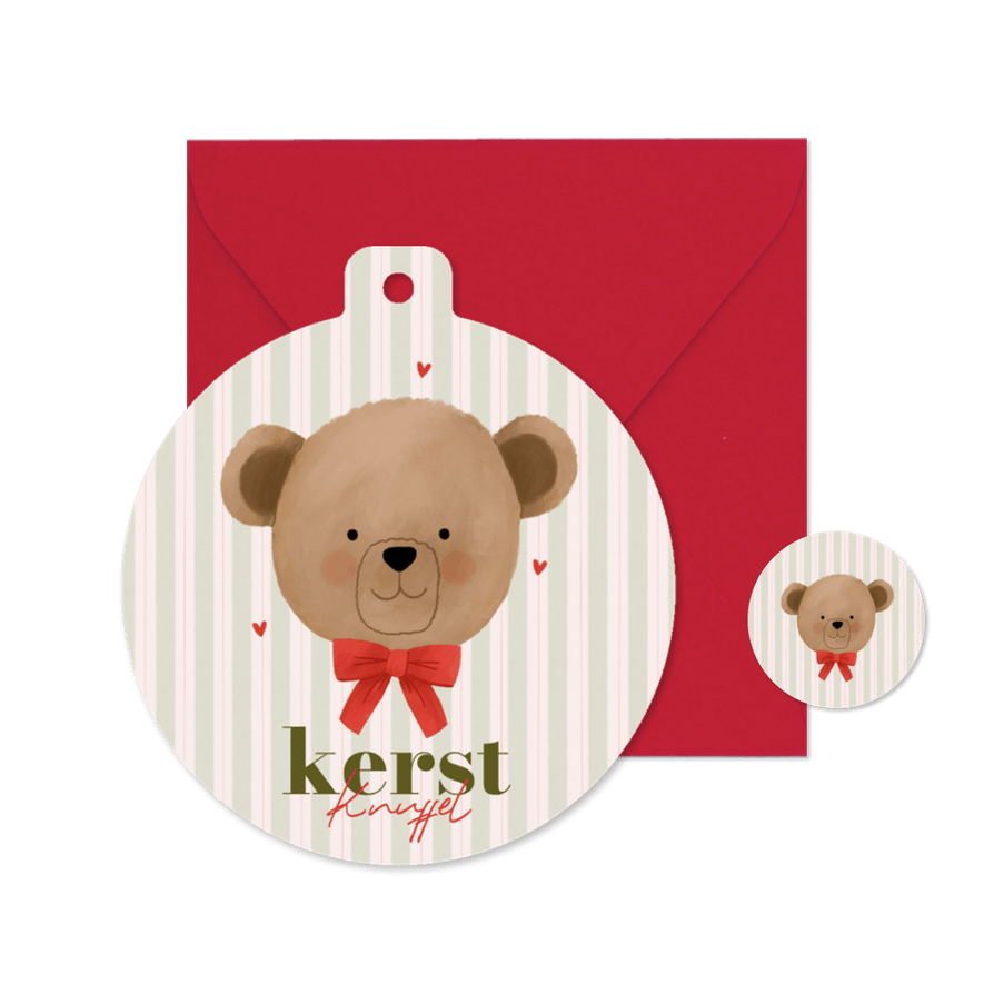 Lief kerstkaartje kerstbal vorm knuffel beer met strik - Kaartimpressie
