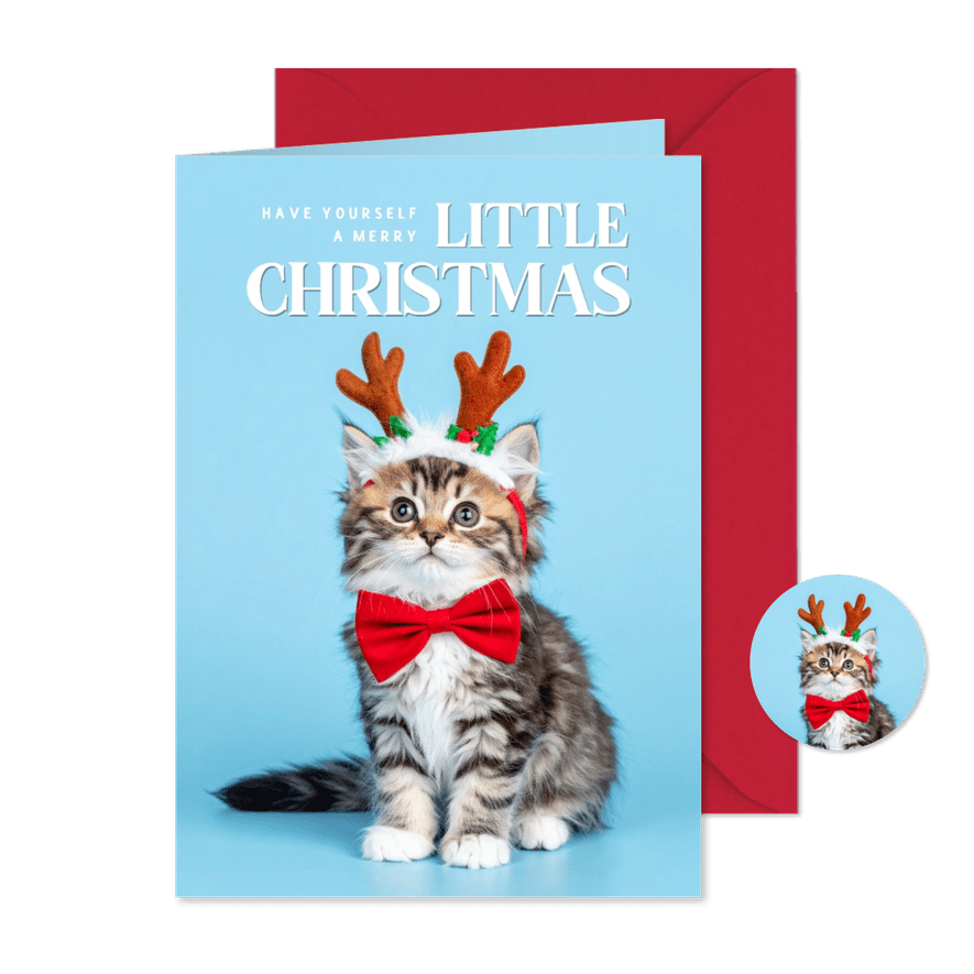 Lief kerstkaartje lichtblauw met kerst kitten - Kaartimpressie