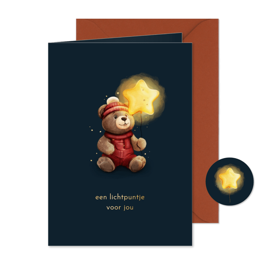 Lief kerstkaartje lichtpuntje met teddybeer en ster ballon - Kaartimpressie